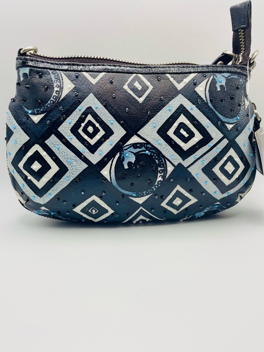 NWT Sharif Black Leather Shoulder Bag w/White & Blue Geometric Accents.Dust bag